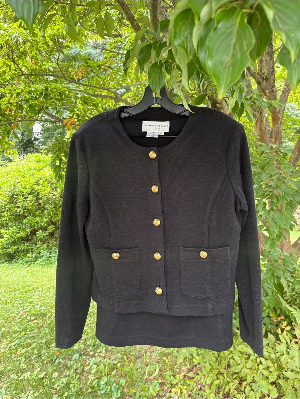 Adrienne Vittadini Black Knit Skirt Suit with Gold Buttons